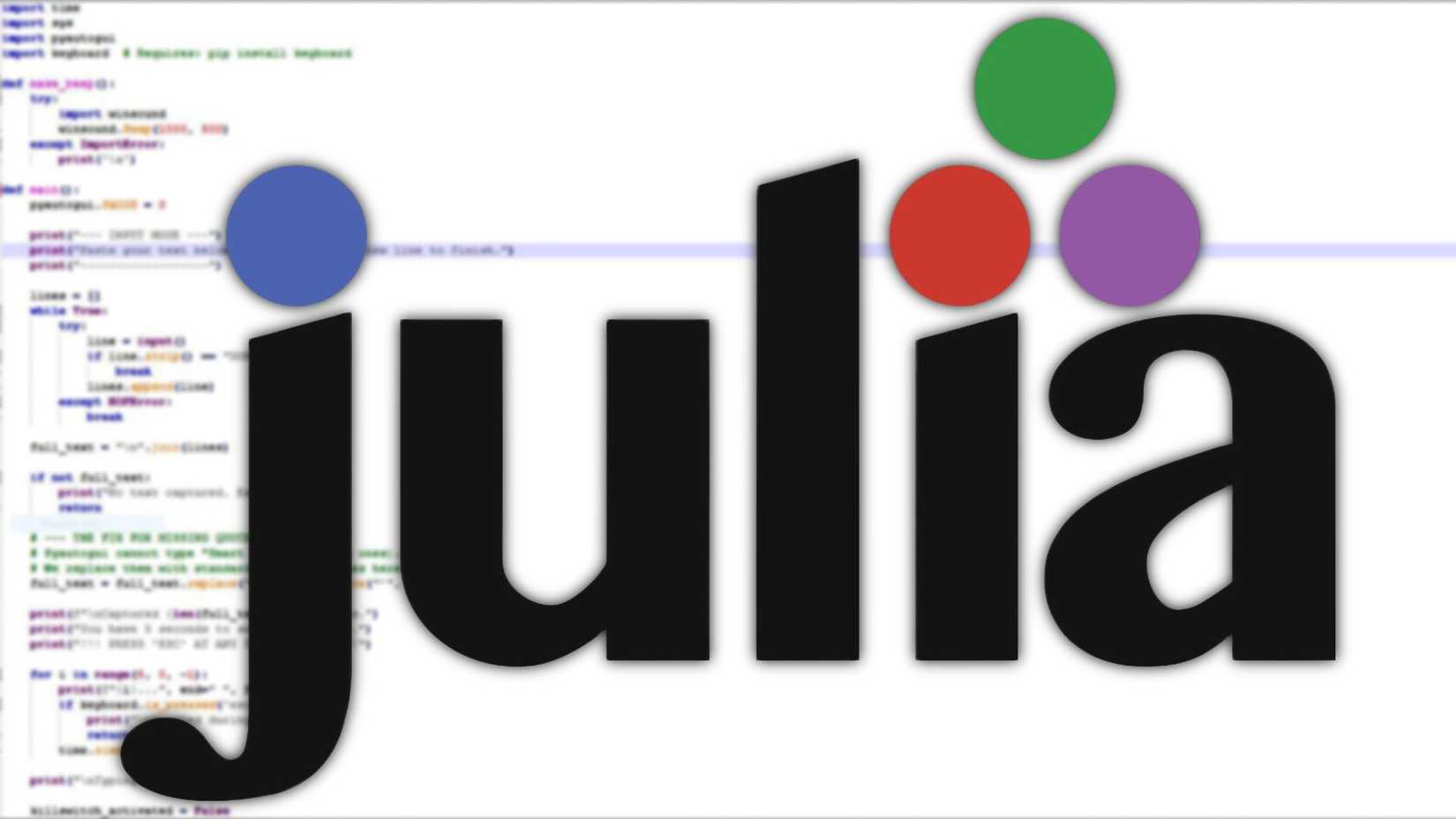 The Julia logo with code in the background