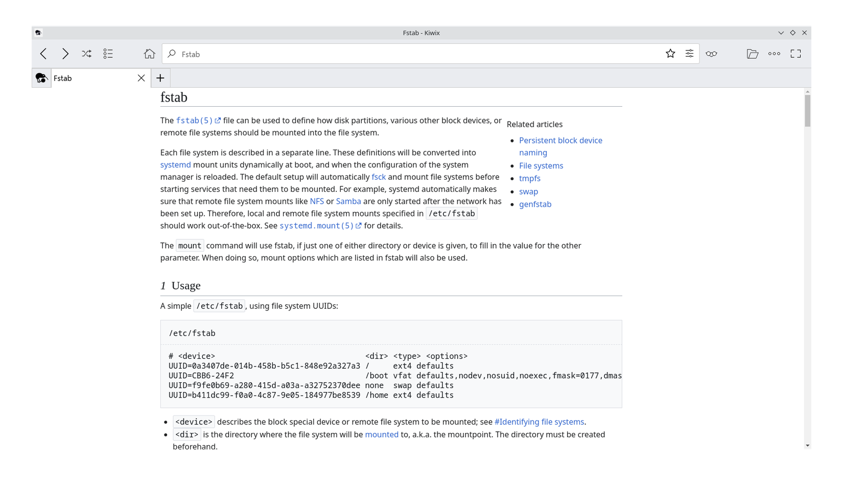 The Kiwix app showing the Arch Wiki page on fstab.
