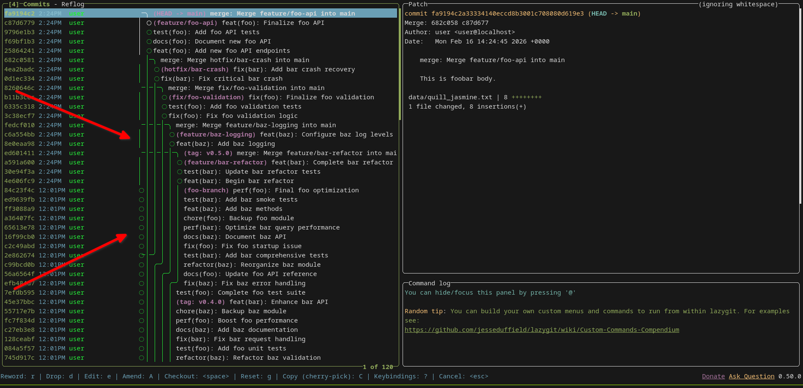 The lazygit commit history with colored branch graph lines. Red arrows highlight the visual branch hierarchy.