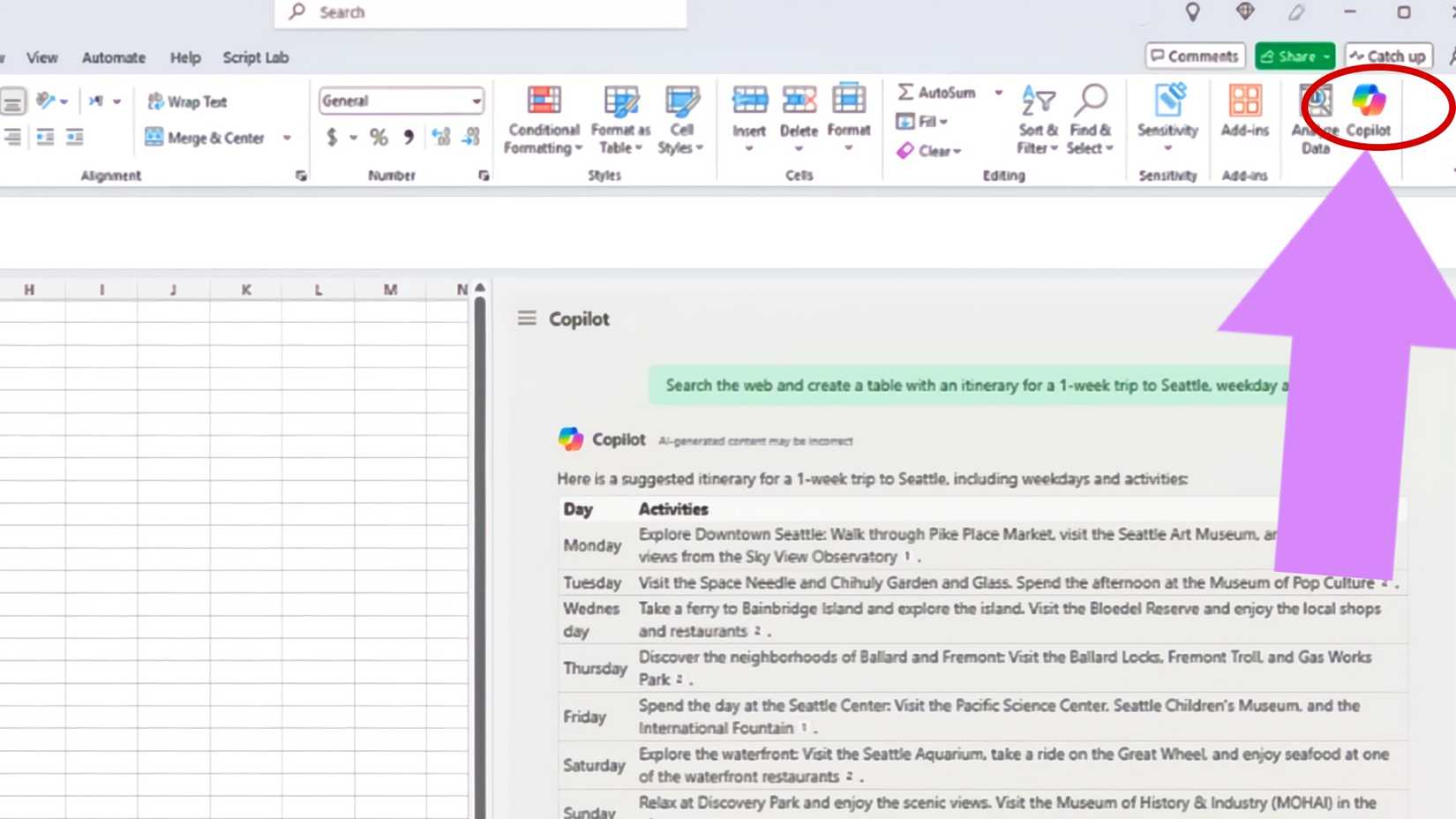 The Microsoft Copilot button being highlighted in Microsoft Excel