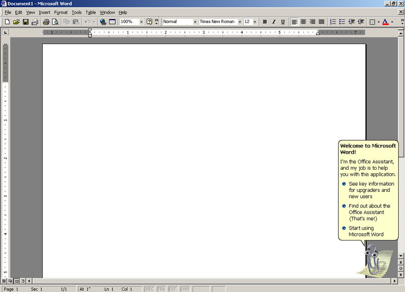 Интерфейс Word 2000 с классическими серыми панелями, меню и Клиппи.
