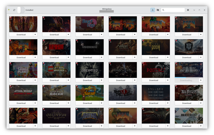 Linux デスクトップ上にいくつかの GoG ゲームを表示する MiniGalaxy インターフェイス。