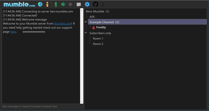 The Mumble voice chat application interface with server details.