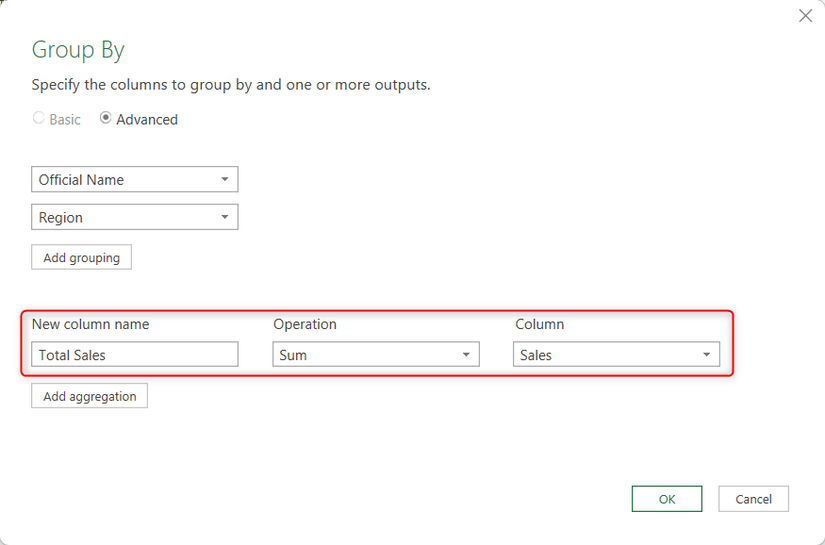 The New Column Name, Operation, and Column fields in the Power Query Group By dialog are populated.