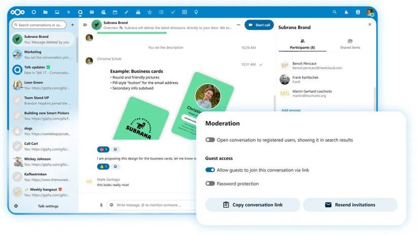 The Nextcloud Talk interface discussing business card designs