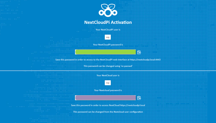 La página de inicio de NextCloudPi.