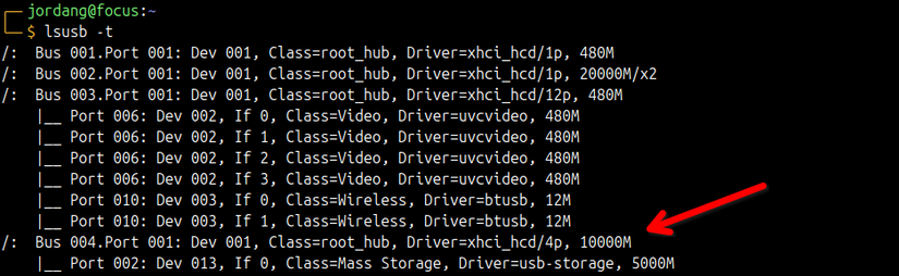 The output of the lsusb command, with an arrow pointing to a USB hub and its speed.