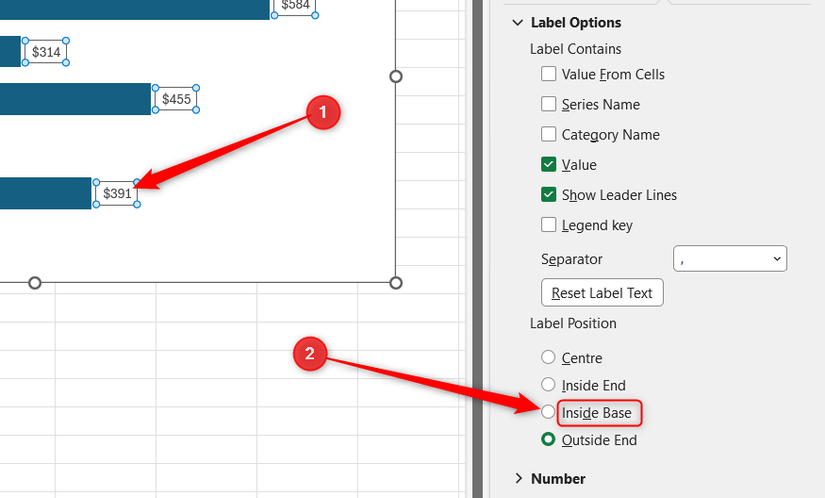 The 'outside end' data labels of a bar chart in Excel are selected, and the Inside Base option is highlighted.