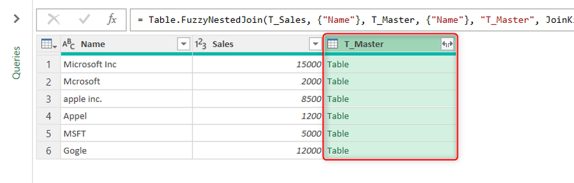 The Power Query Editor shows a column of Table results.