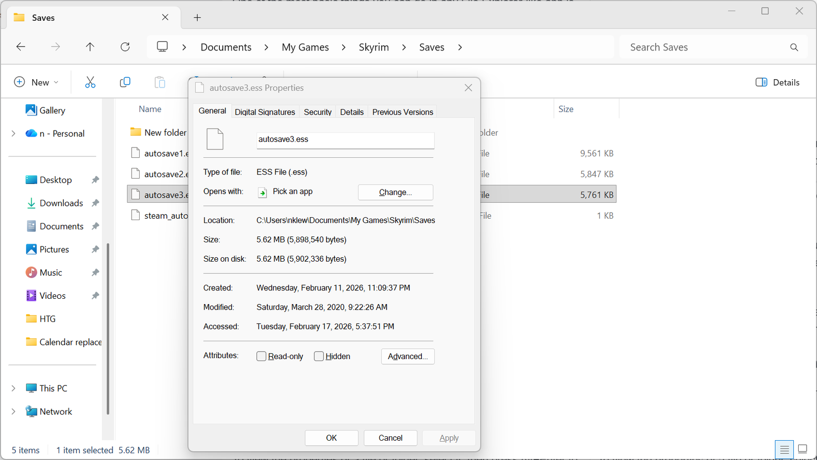 The properties window open on Windows 11.