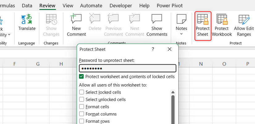 The Protect Sheet button in Excel is selected, and the resultant dialog with a password entered is displayed.