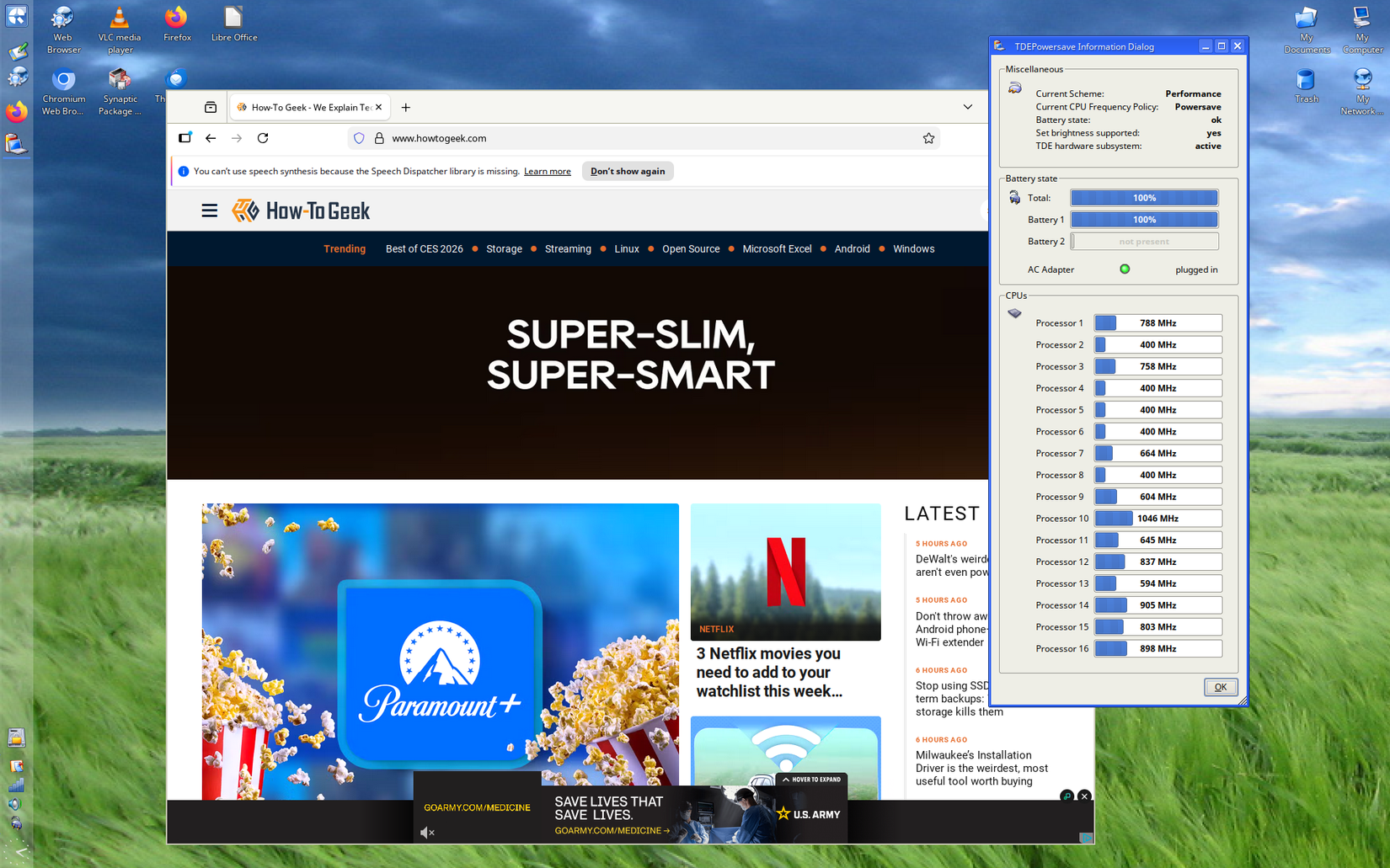 The Q4OS TDE desktop with Firefox open to the our editorial home page and a power management window open in the Windows XP-style theme.