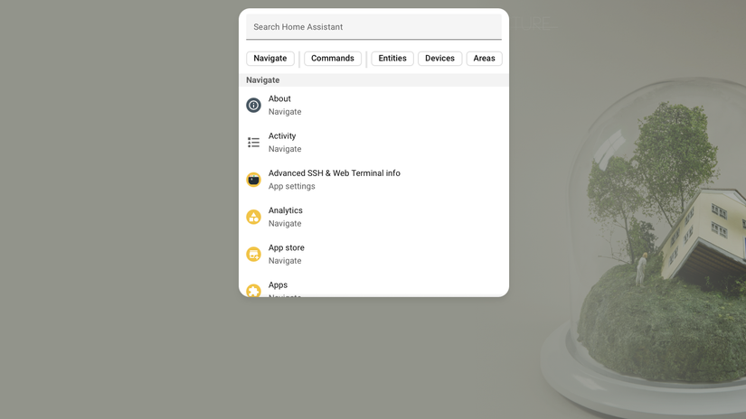 The Quick search bar in Home Assistant opened on a dashboard in kiosk mode.