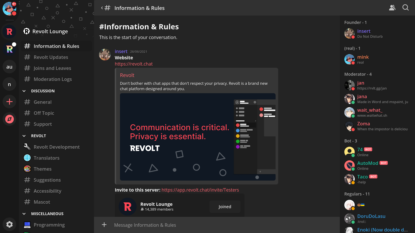 The Revolt chat application interface showing rules, channels, and members.