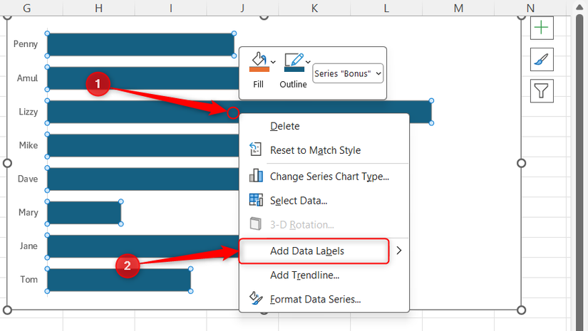 The right-click menu of a bar in an Excel bar chart is expanded, and Add Data Labels is selected.