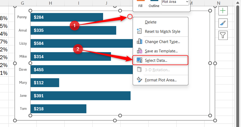 The right-click menu of a chart in Excel is expanded, and Select Data is selected.