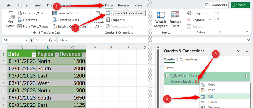 Le menu contextuel d'un tableau dans le volet Requêtes et connexions d'Excel est développé et Modifier est sélectionné.