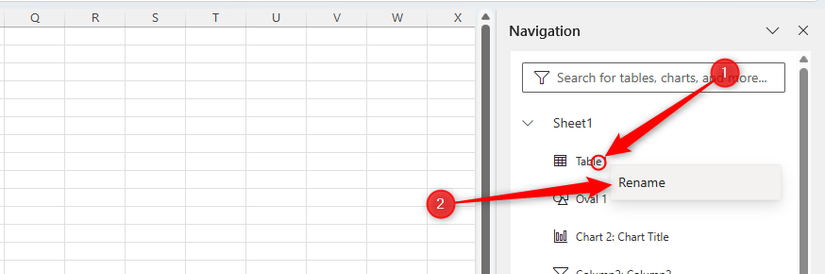 The right-click menu on an item in Excel's Naviation pane is expanded, and Rename is selected.