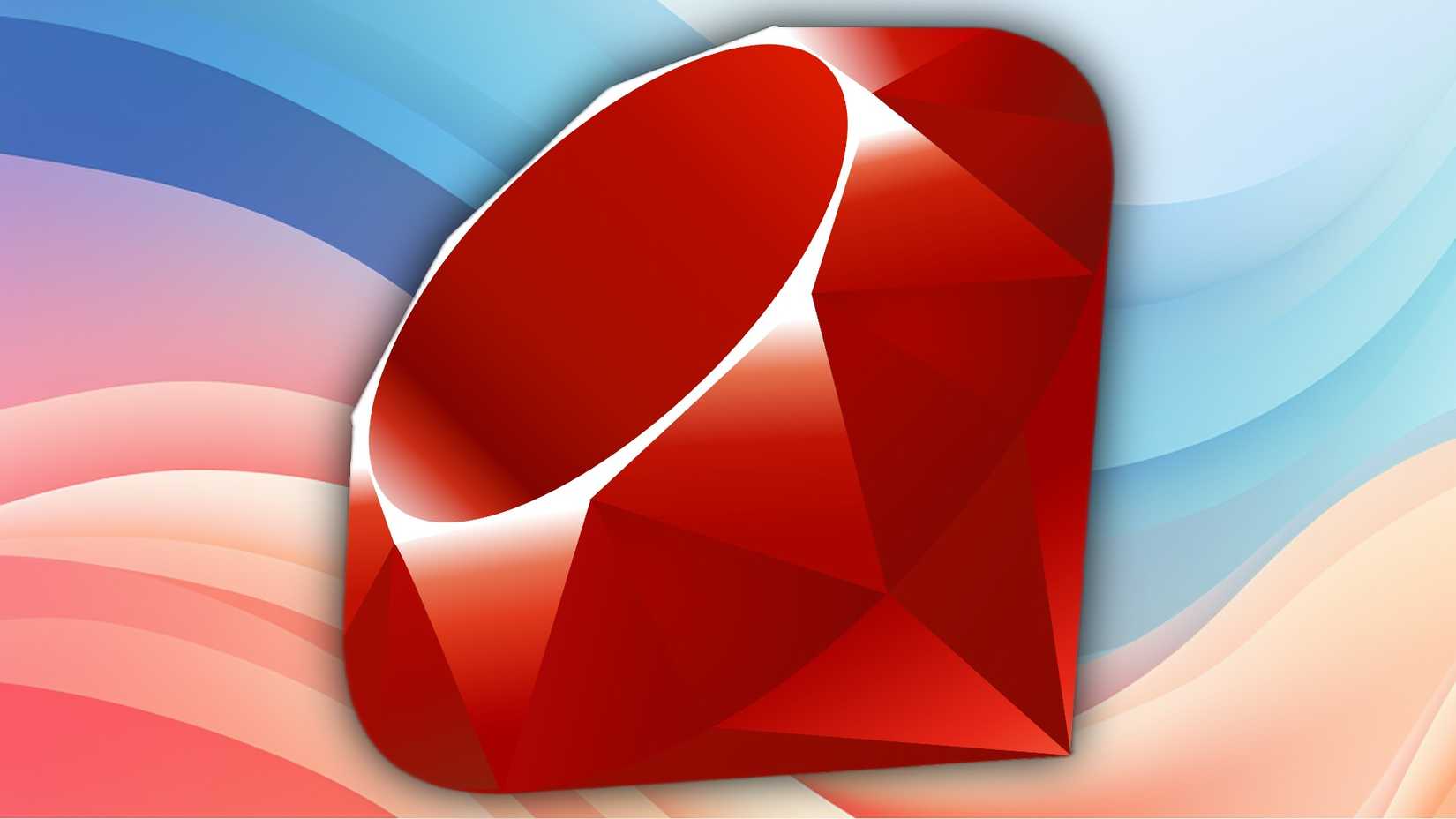 The Ruby logo on a flowing background with blue and pink