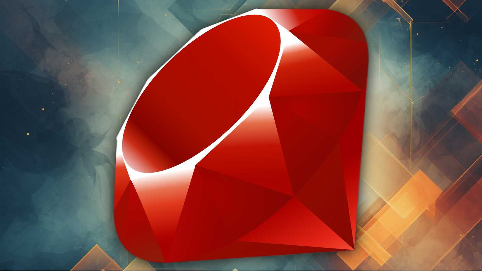 The Ruby logo on a hexagon background with orange blue and red