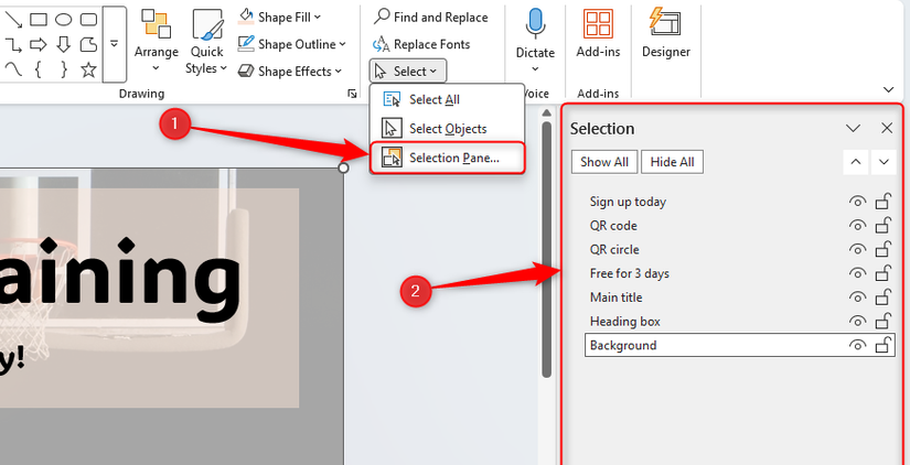 Microsoft PowerPoint の[選択]ウィンドウ。さまざまなオブジェクトの名前と順序が表示されます。