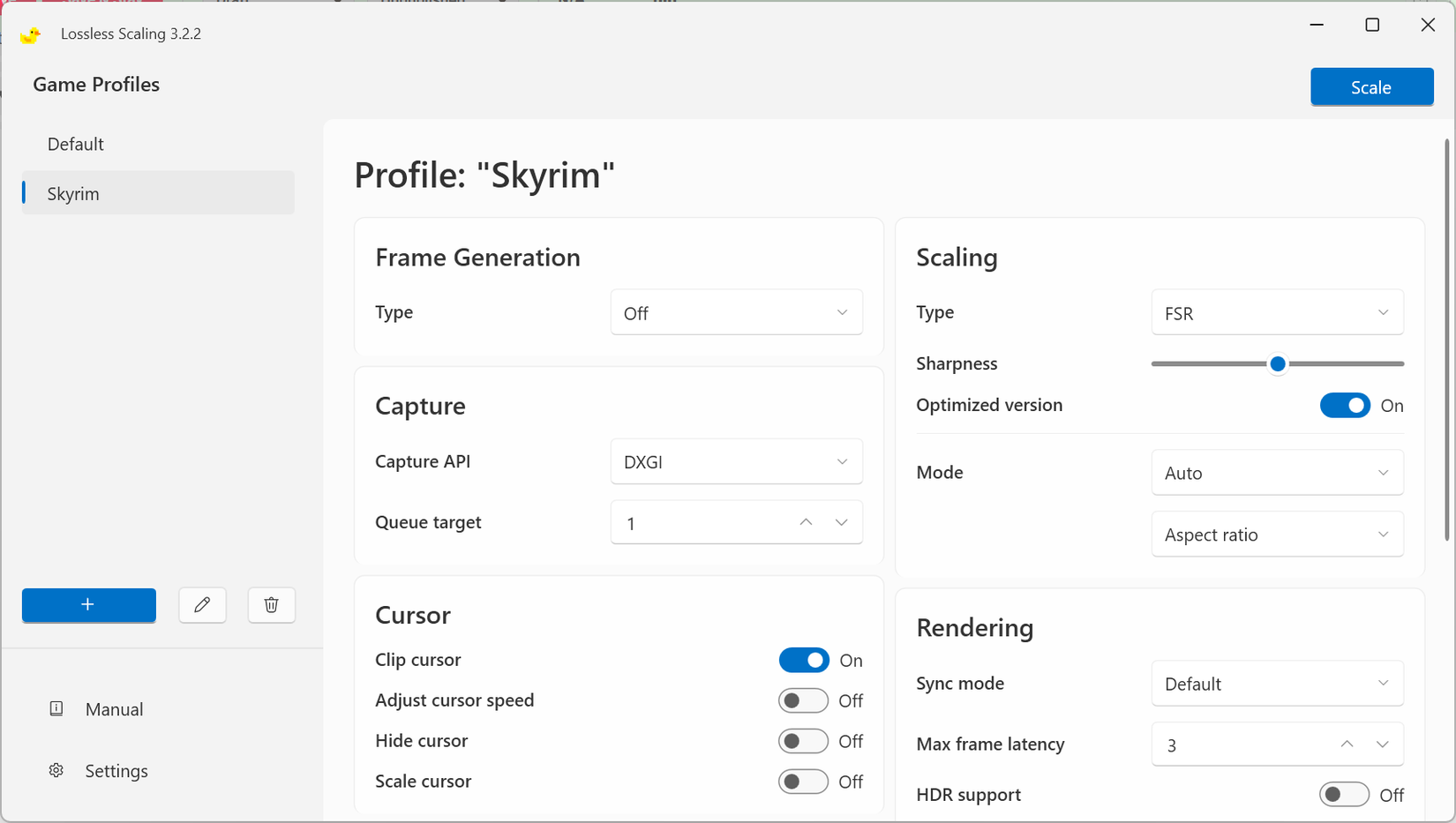 The Skyrim profile settings.
