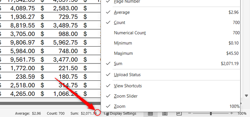The status bar right-click menu in Microsoft Excel.