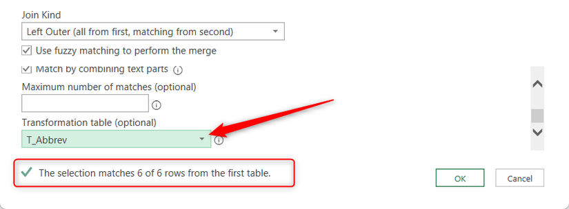 The table named T_Abbrev is selected in the Transformation table drop-down menu in Excel's Merge dialog, and the selection match is 6 of 6.
