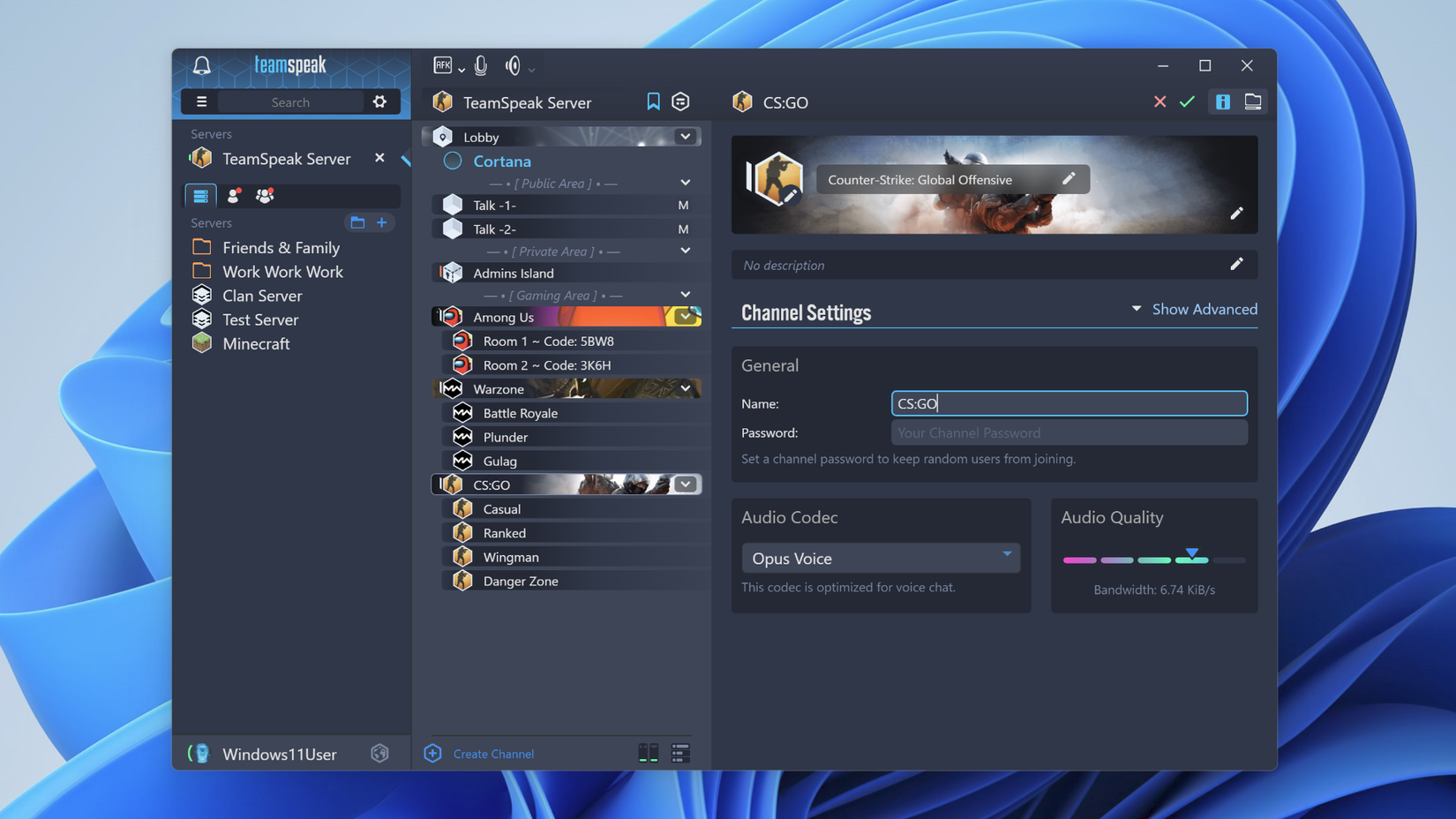 The TeamSpeak application interface showing server and channel details.