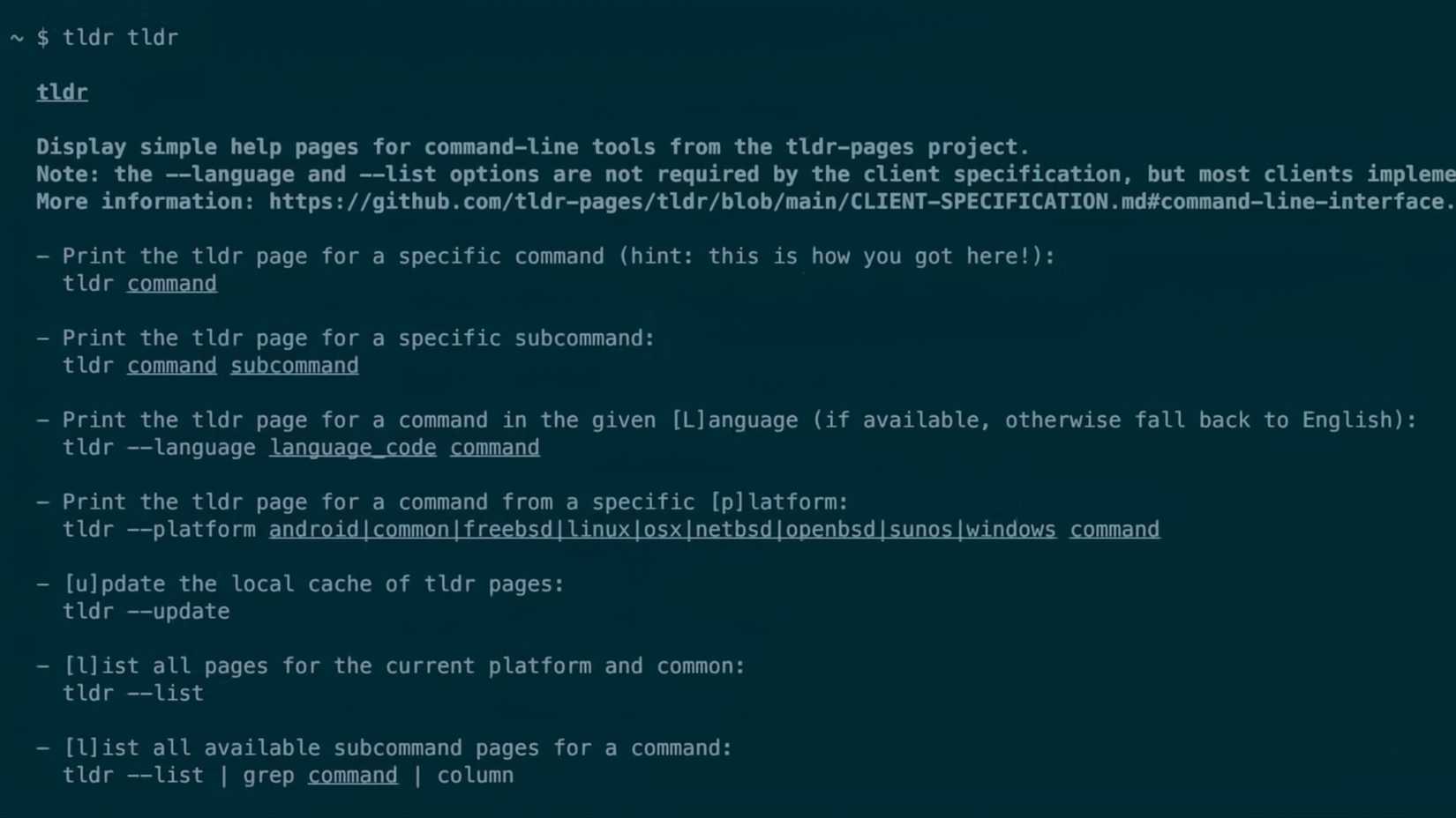 Команда tldr показывает краткую справку о себе.
