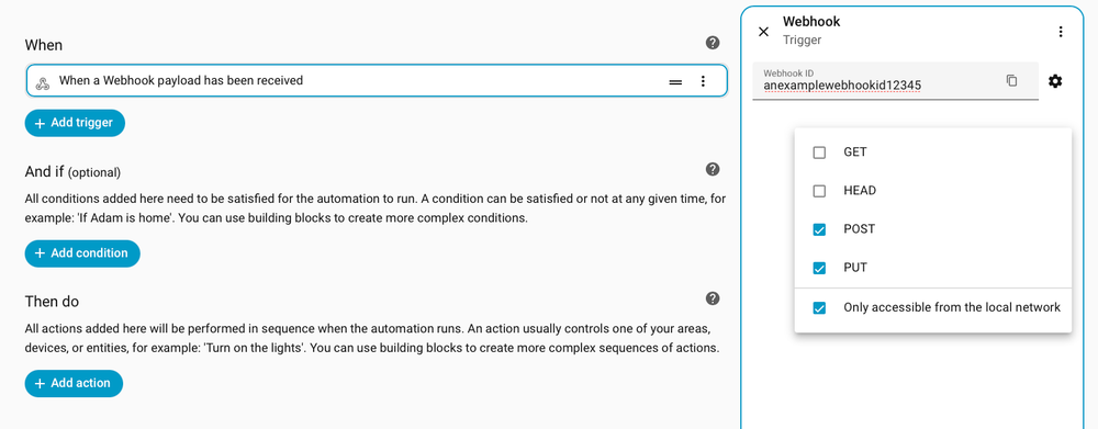 Webhook trigger configuration in a Home Assistant automation