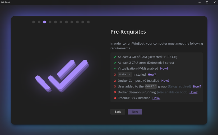The WinBoat prequisites screen.