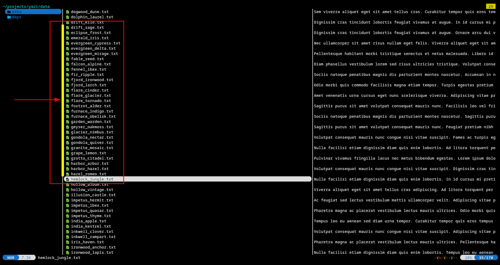 The Yazi file manager with multiple files highlighted using visual selection.