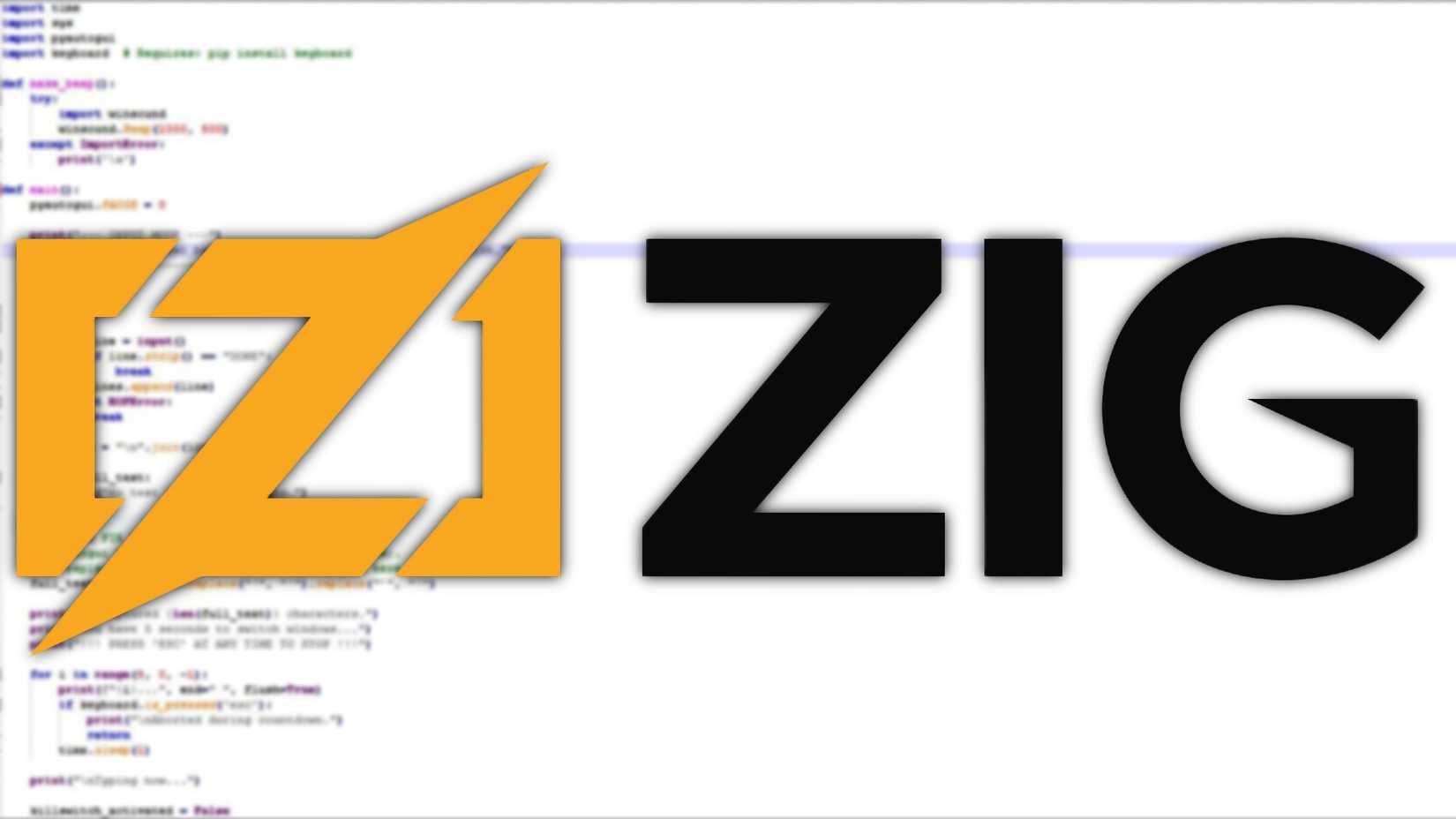 The Zig logo with code in the background