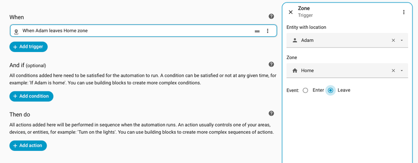 The zone trigger in an automation in Home Assistant.