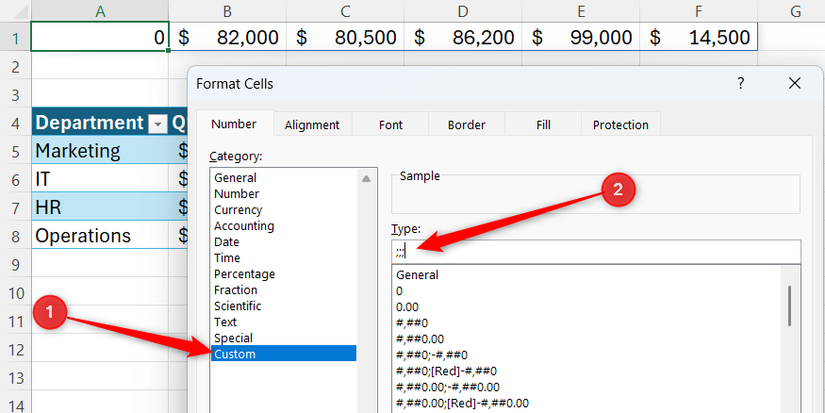 Three semicolons are used as a custom number format in Excel to hide a text-based zero-value result of a BYCOL formula.