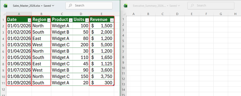 Deux classeurs Excel côte à côte. Le premier comporte un tableau de données de ventes renseigné et le second, nommé « Executive_Summary_2026 », est vide.