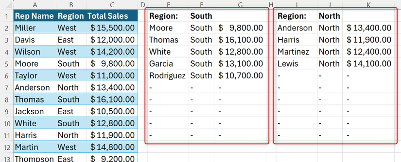 Two FILTER formulas in Excel, with the cells below the results padded thanks to a dash argument in the EXPAND function.
