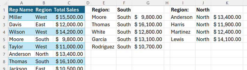 Two FILTER formulas returning results of varying heights from an Excel table.