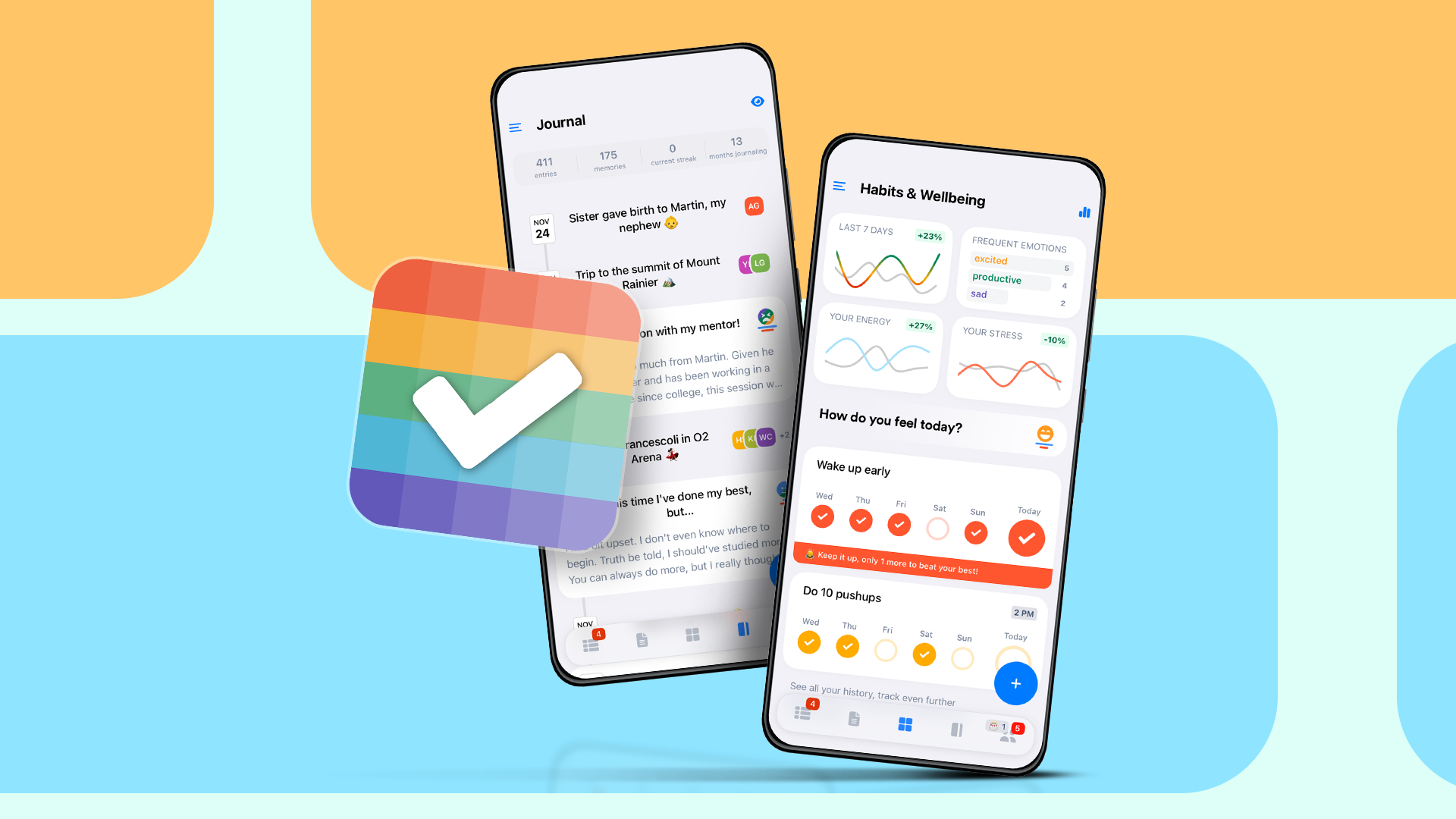Two smartphones displaying app interfaces for journaling and habits, with a large Lunatask logo in the foreground.