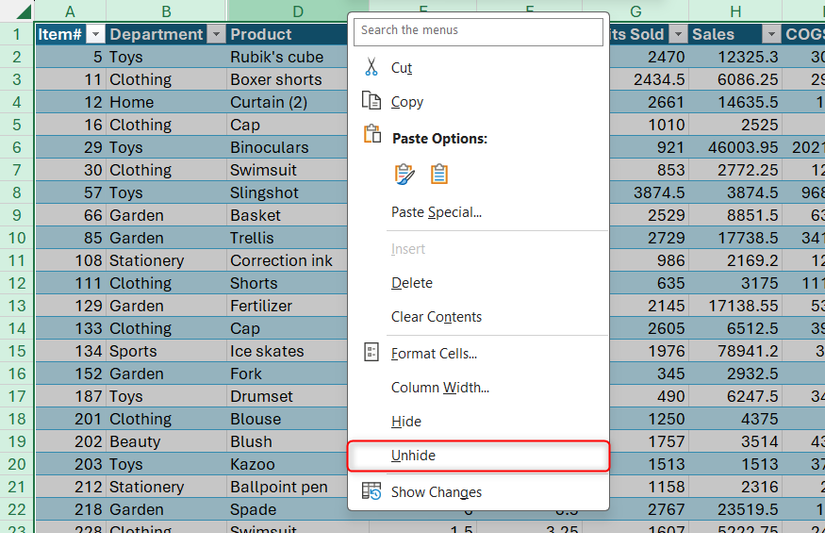 Unhide is selected in the column right-click menu in Excel.