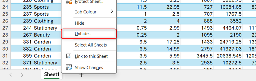 Unhide is selected in the sheet right-click menu in Microsoft Excel.