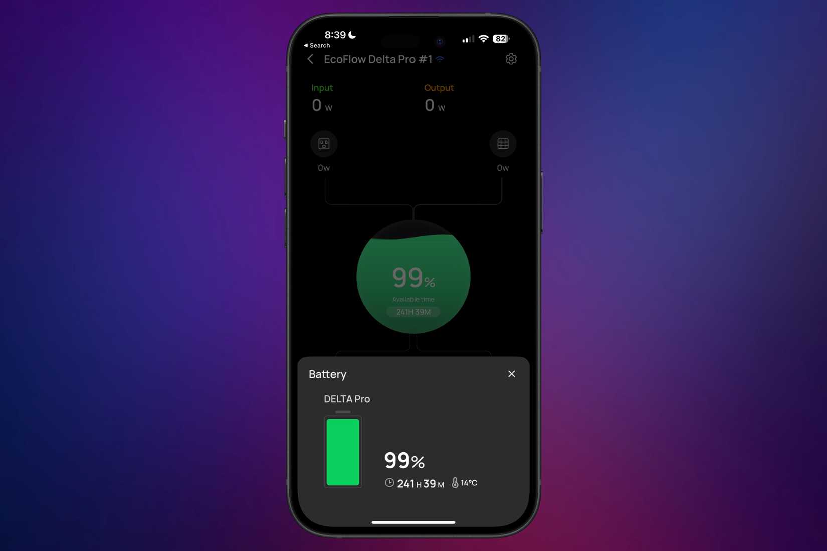 Battery percentage of an electric generator from the EcoFlow app on an iPhone in front of a colorful background.