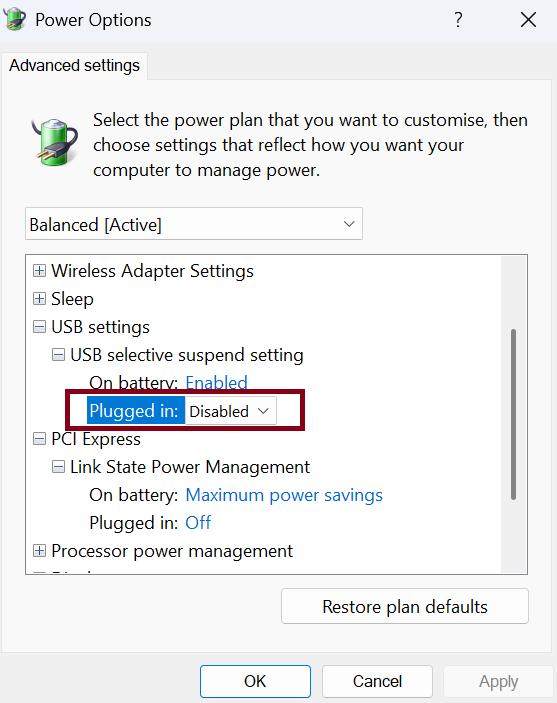 USB suspend disabled in Windows 11.
