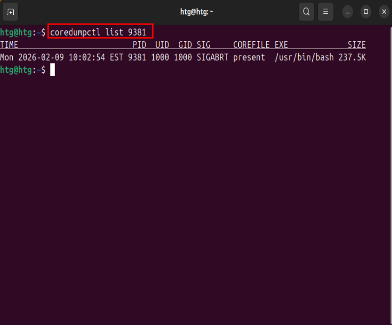 Using coredump to filter core dump by name