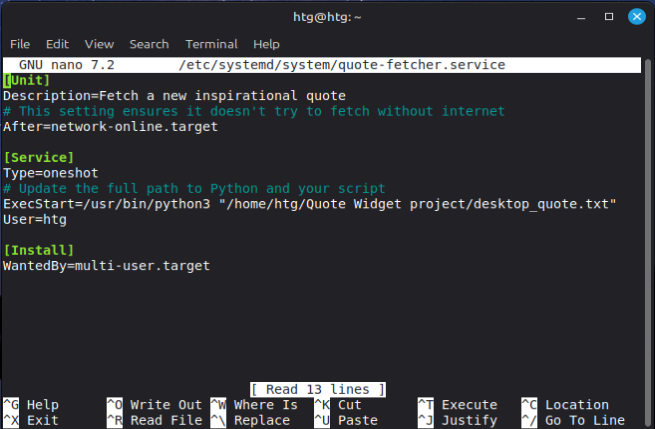 Using nano to create a systemd service file