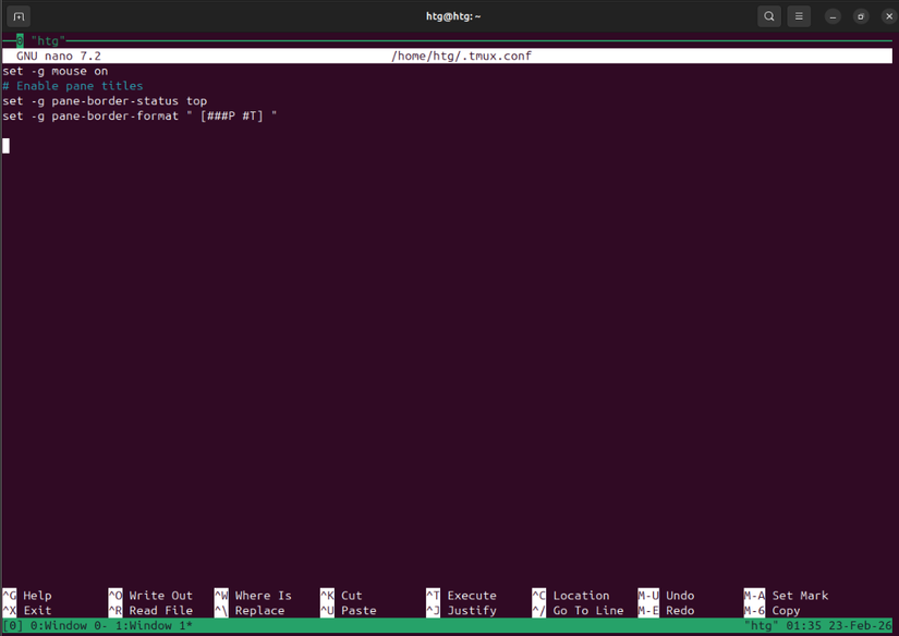 Using nano to set persistent tmux mouse settings