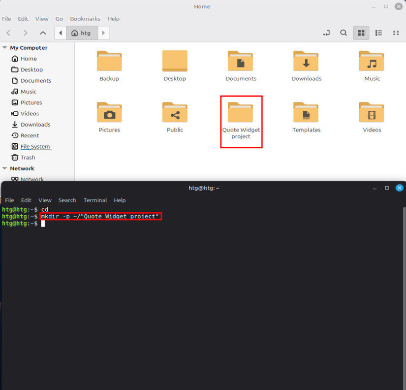 Using the mkdir command to create the quote widget project