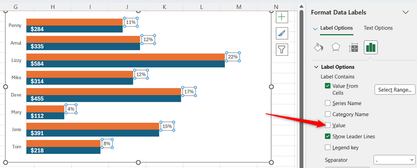 Value in Excel's Format Data Labels sidebar is unchecked.