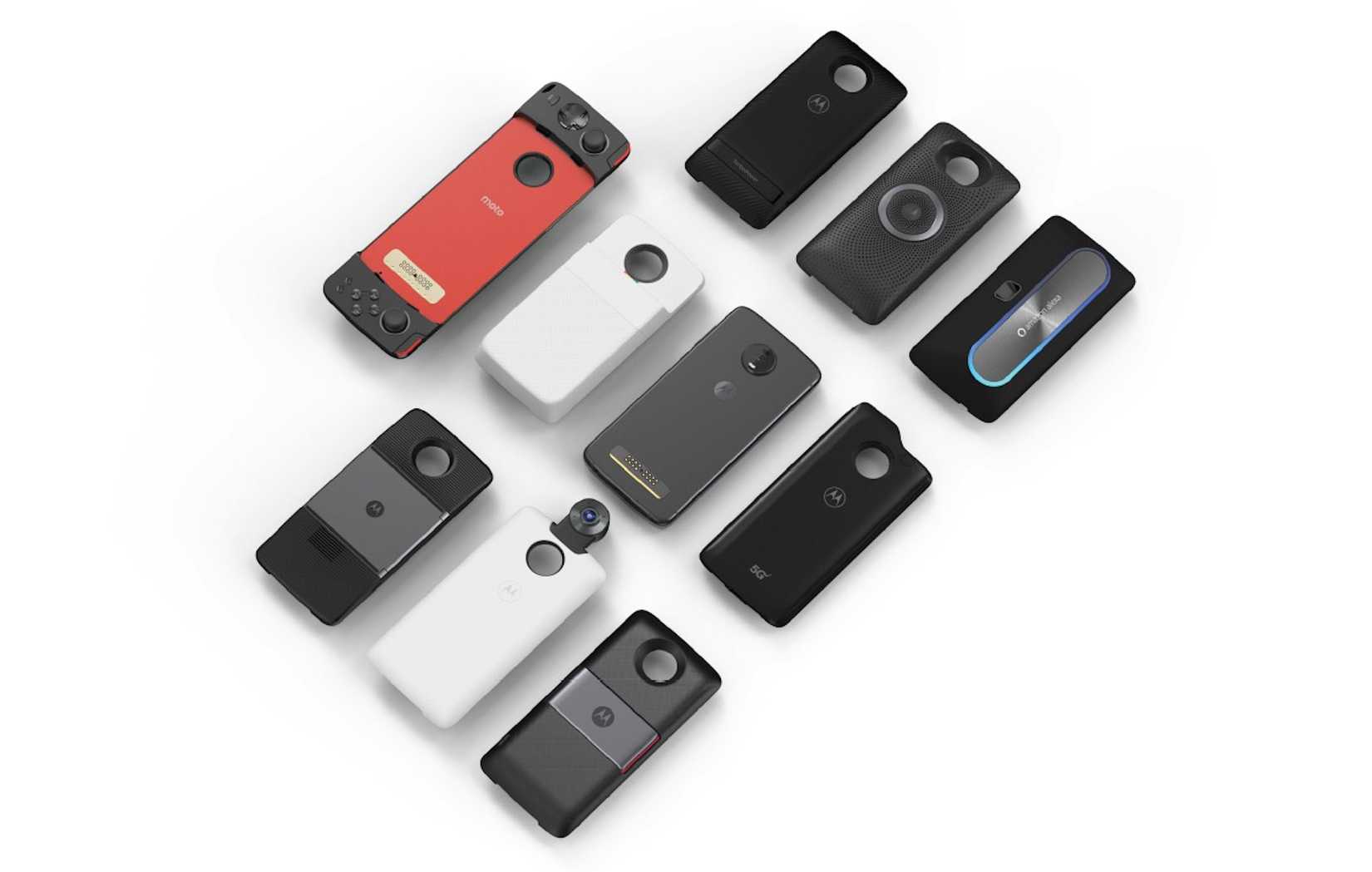 Various moto mods modules lying on a table